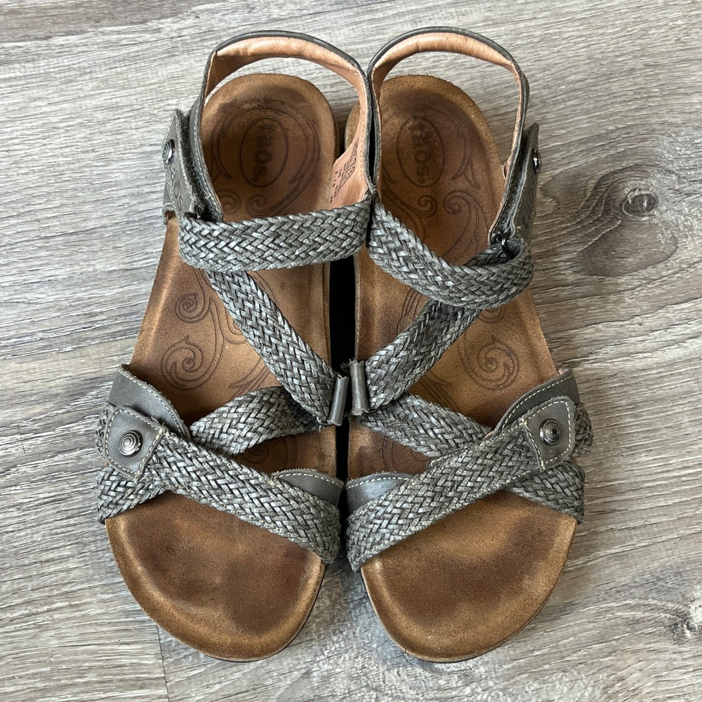 Taos The Prize Gray Braided Leather Cork Wedge Sandals Womens 7-7.5 EU 38 Spain